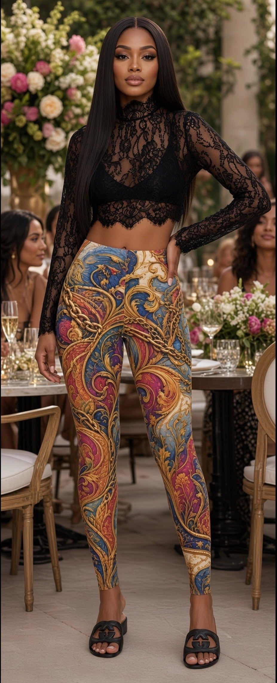 Baroque Floral Print Leggings — Vintage Ornate Swirl Pattern