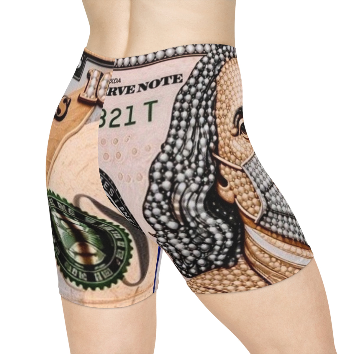 Currency Print Biker Shorts — Women's Novelty Dollar Bill Cycling Shorts