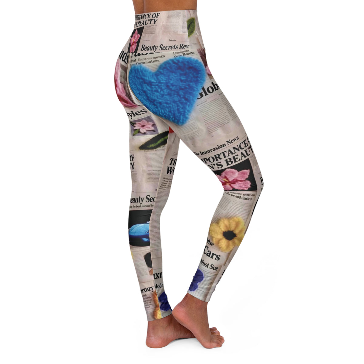 “ Culture Vulture “ Newspaper Collage High-Waist Yoga Leggings — Floral & Vintage Print