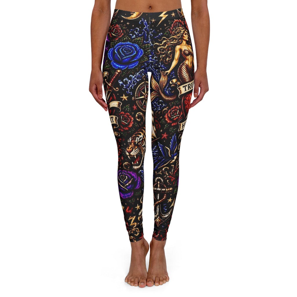 Tattoo Mermaid Leggings (Black)— Vintage Sailor Pinup AOP Yoga Pants