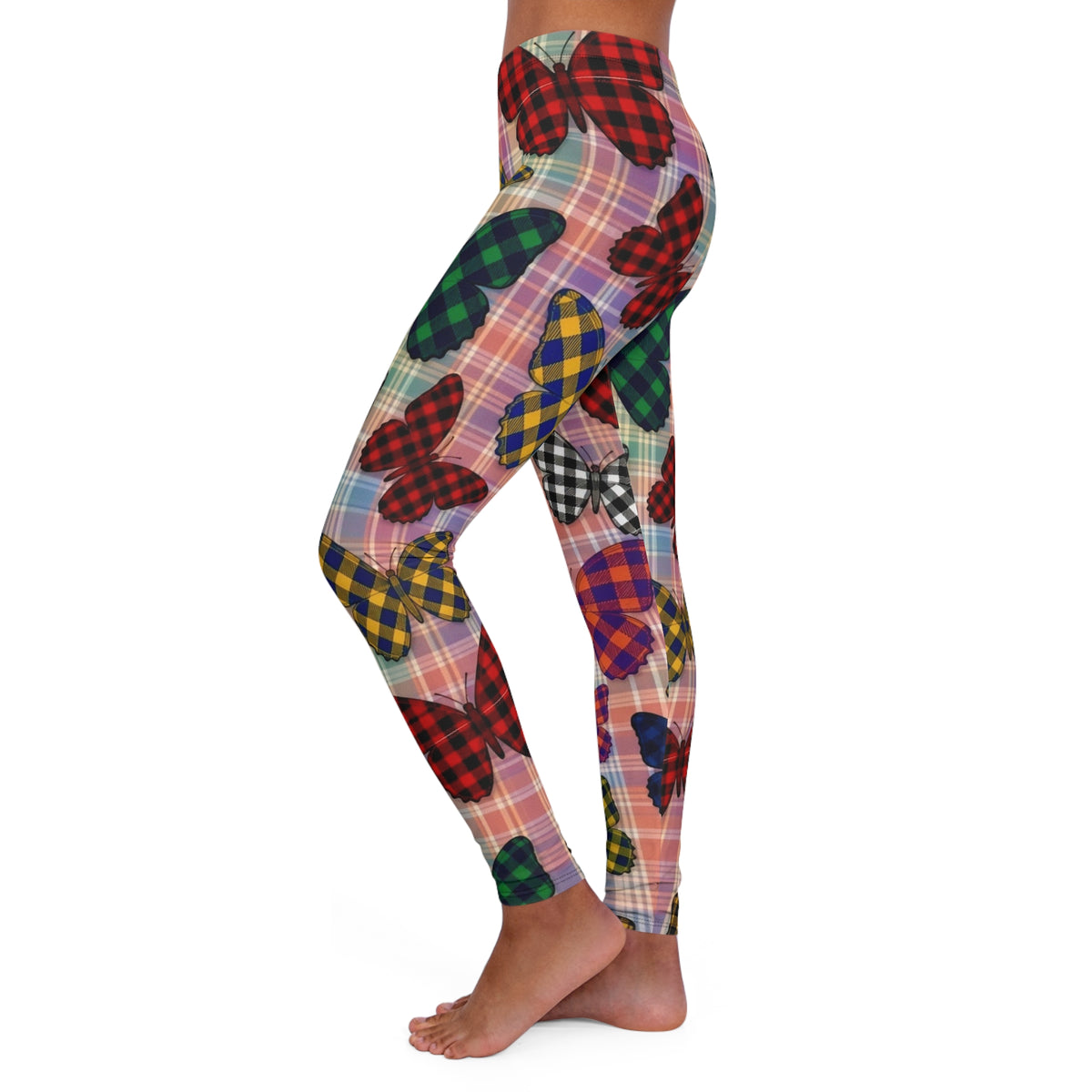Butterfly Plaid Leggings — Colorful Checkered Butterfly Print Women's Leggings