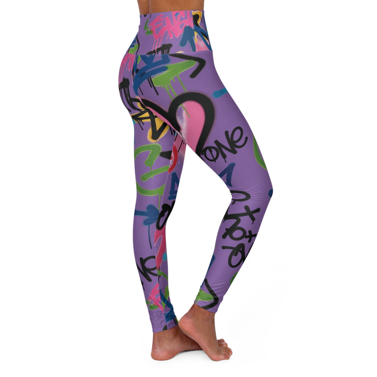 Purple Graffiti Heart High-Waist Leggings — Colorful Street Art Print