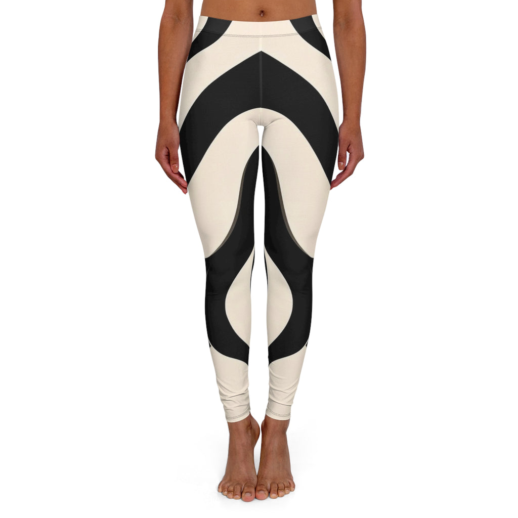 Black & Cream Modern Chevron Wave Leggings — Women's Casual Spandex AOP