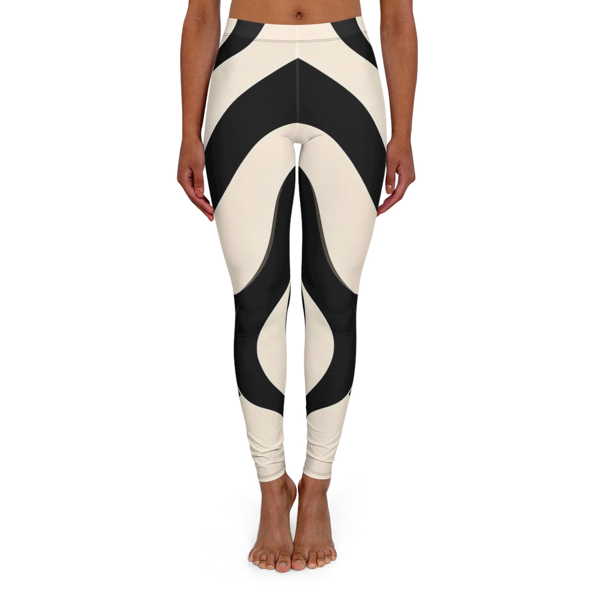 Black & Cream Modern Chevron Wave Leggings — Women's Casual Spandex AOP