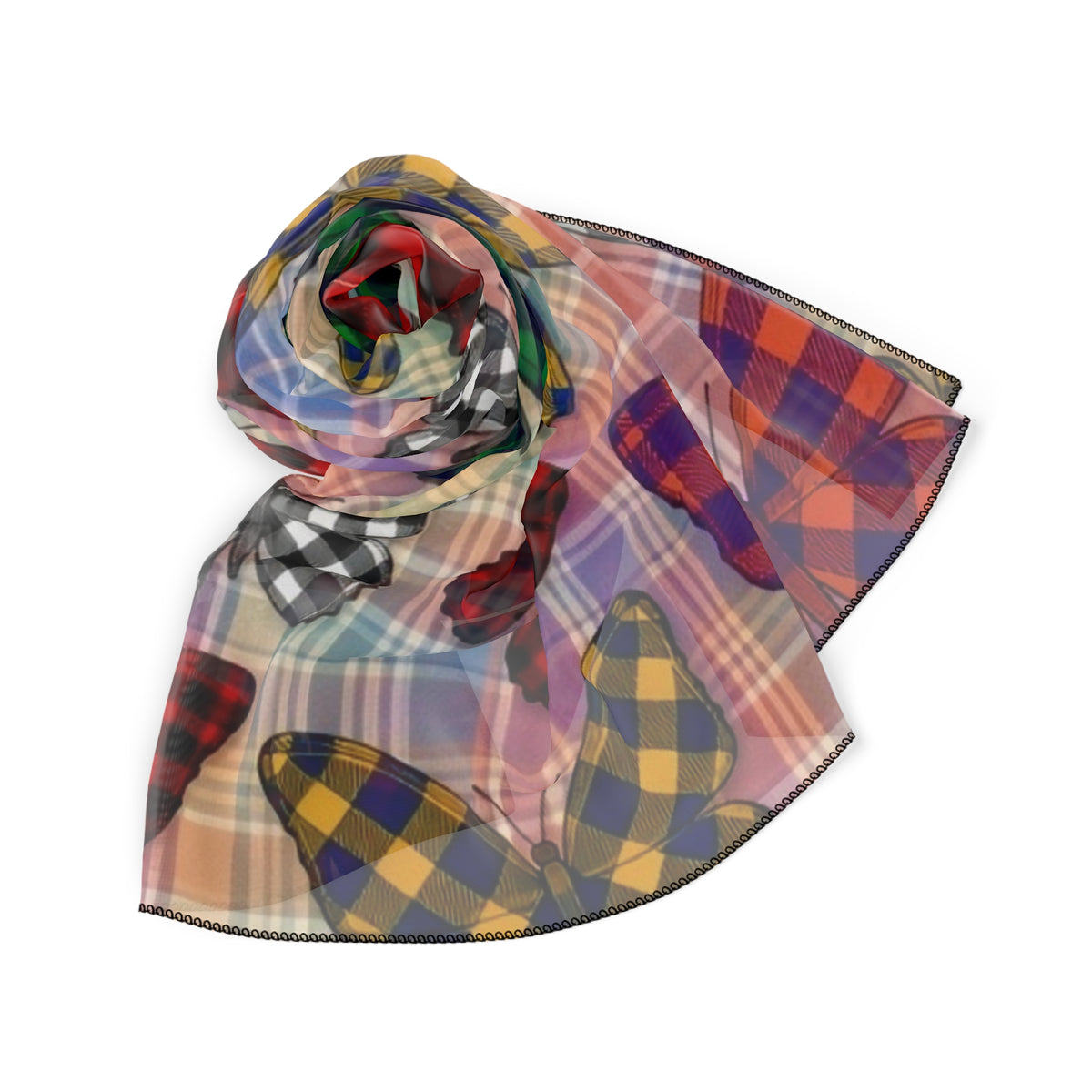 Butterfly Plaid Scarf – Colorful Checkered Pattern Silk-Look Square Scarf