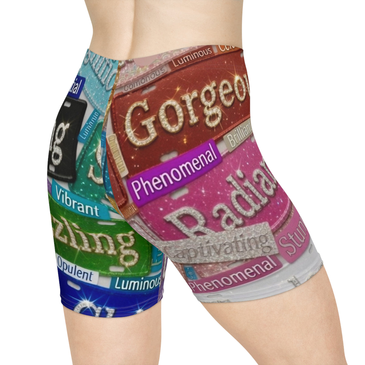 “ Tag Me, I’m It “ 
Affirmation Collage Biker Shorts — Positive Words Allover Print