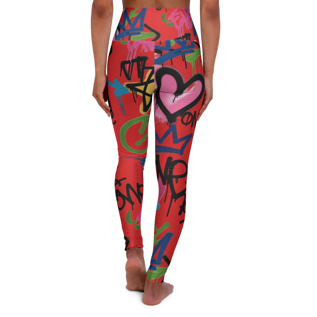 Red Graffiti Heart High-Waist Leggings — Colorful Street Art Print