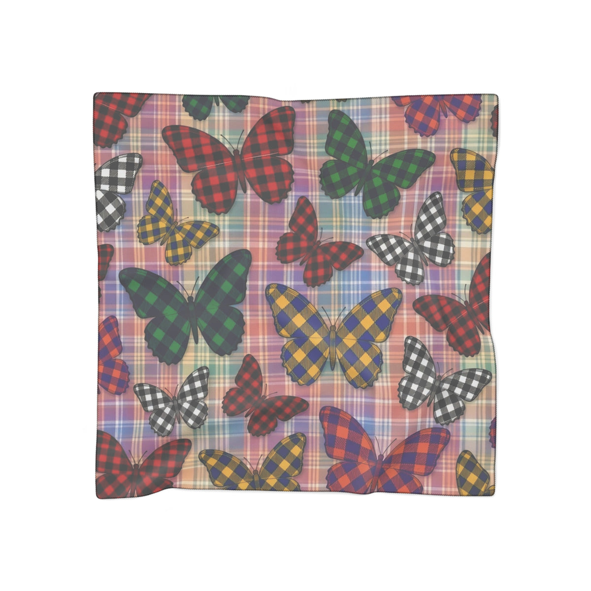 Butterfly Plaid Scarf – Colorful Checkered Pattern Silk-Look Square Scarf