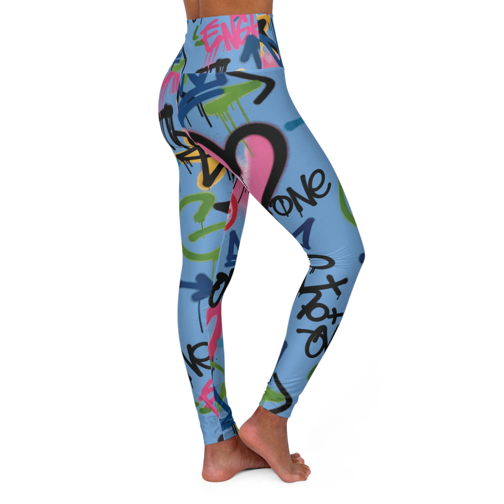 Light Blue Graffiti Heart High-Waist Leggings — Colorful Street Art Print