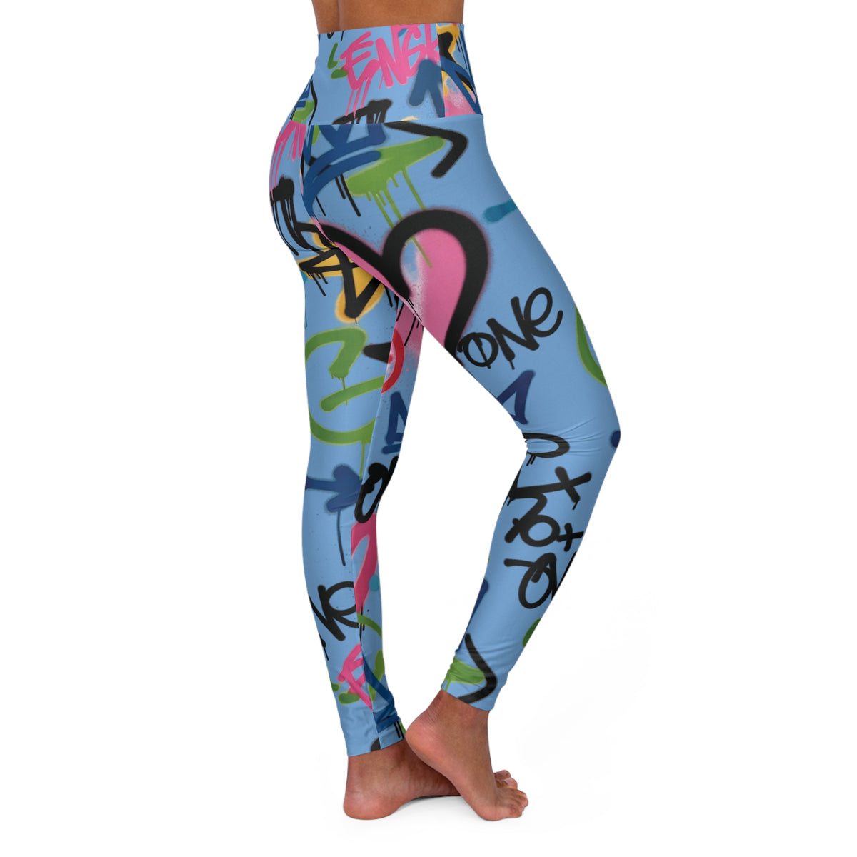 Light Blue Graffiti Heart High-Waist Leggings — Colorful Street Art Print