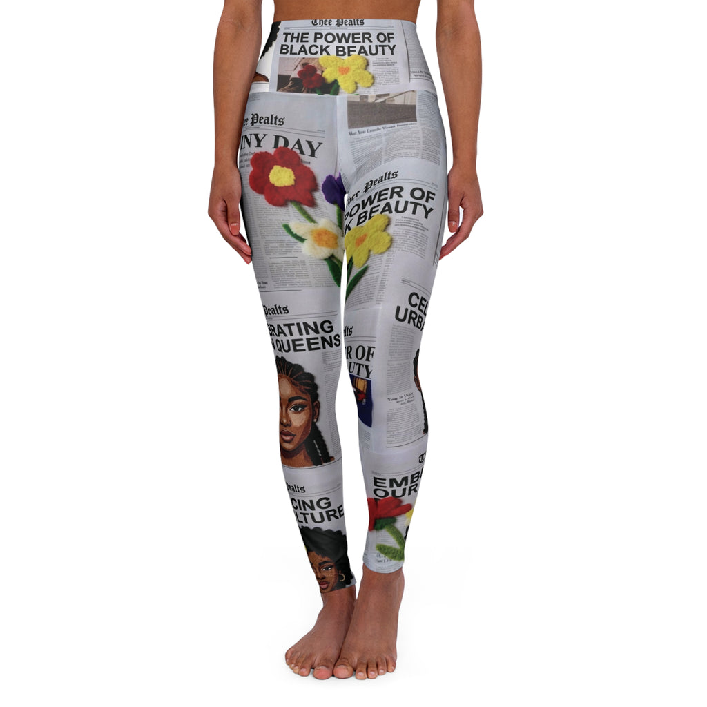 'The Power of Black Beauty' Newspaper Floral AOP - High-Waisted Leggings