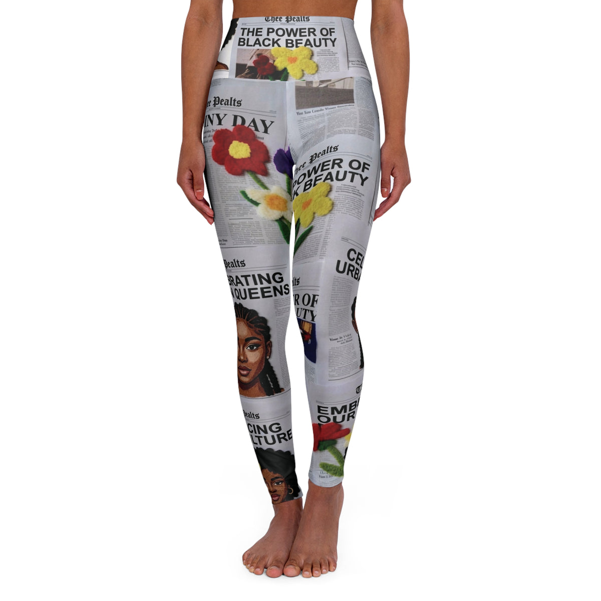 'The Power of Black Beauty' Newspaper Floral AOP - High-Waisted Leggings