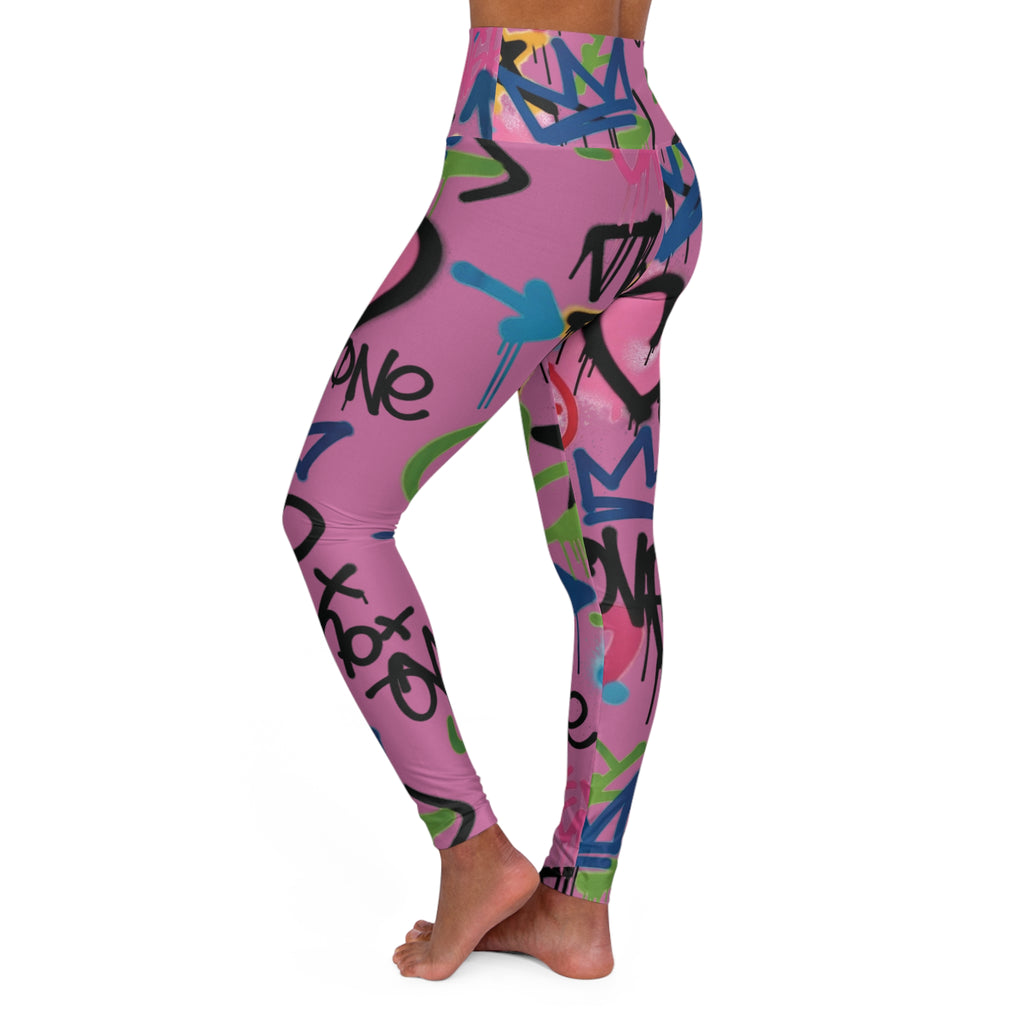 Pink Graffiti Heart High-Waist Leggings — Colorful Street Art Print