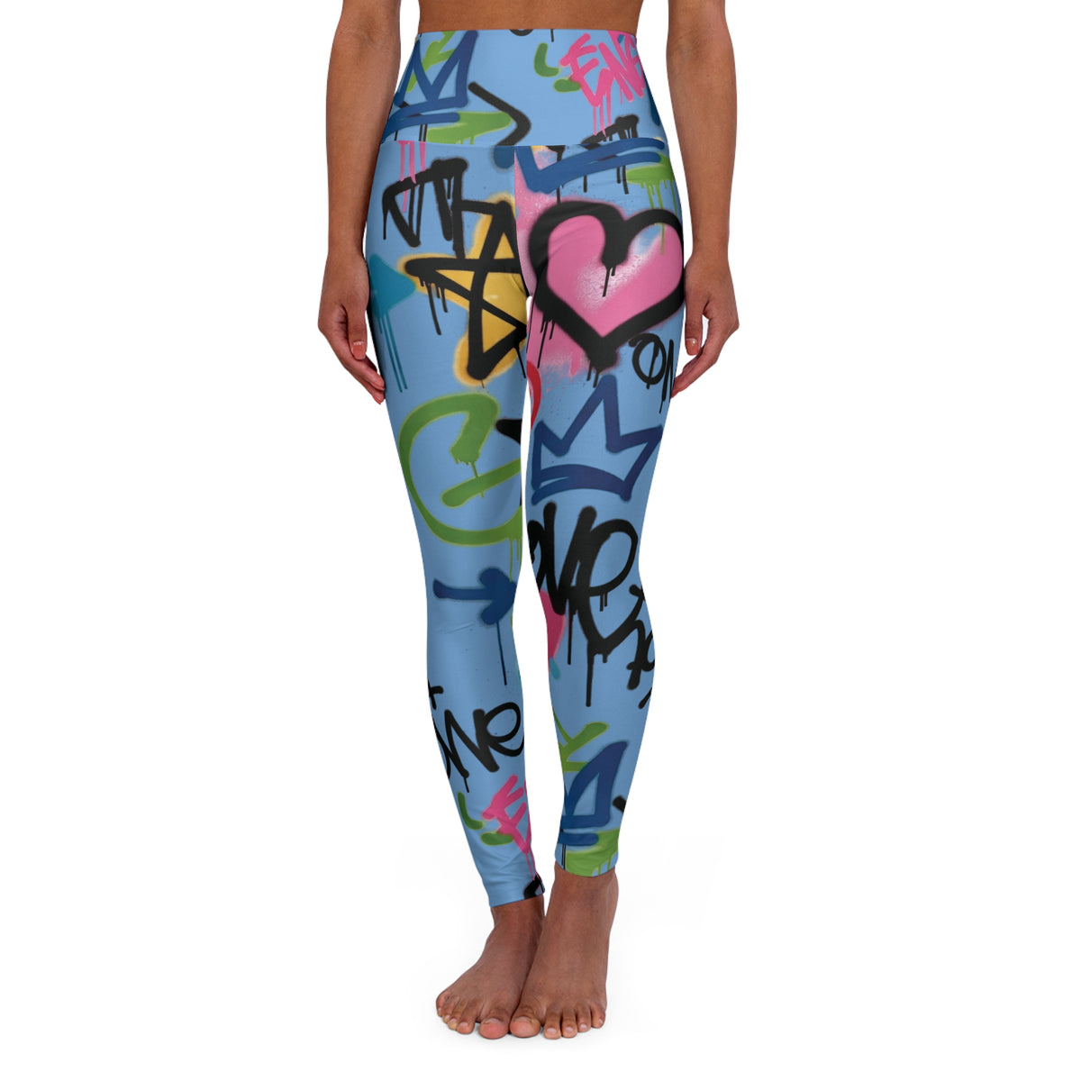 Light Blue Graffiti Heart High-Waist Leggings — Colorful Street Art Print