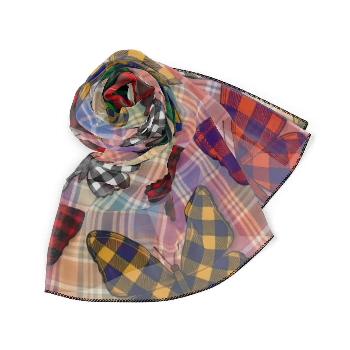 Butterfly Plaid Scarf – Colorful Checkered Pattern Silk-Look Square Scarf