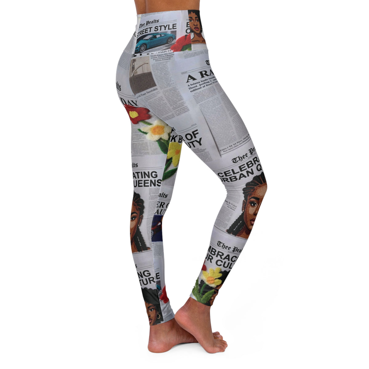 'The Power of Black Beauty' Newspaper Floral AOP - High-Waisted Leggings