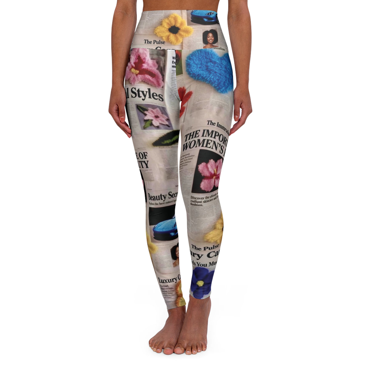 “ Culture Vulture “ Newspaper Collage High-Waist Yoga Leggings — Floral & Vintage Print