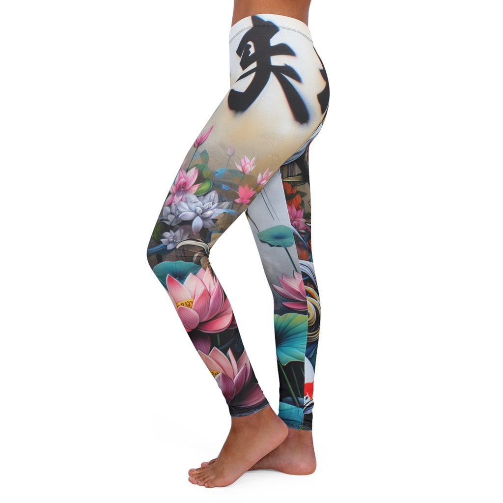 Koi Lotus Yoga Leggings — Asian Calligraphy Floral All-Over Print