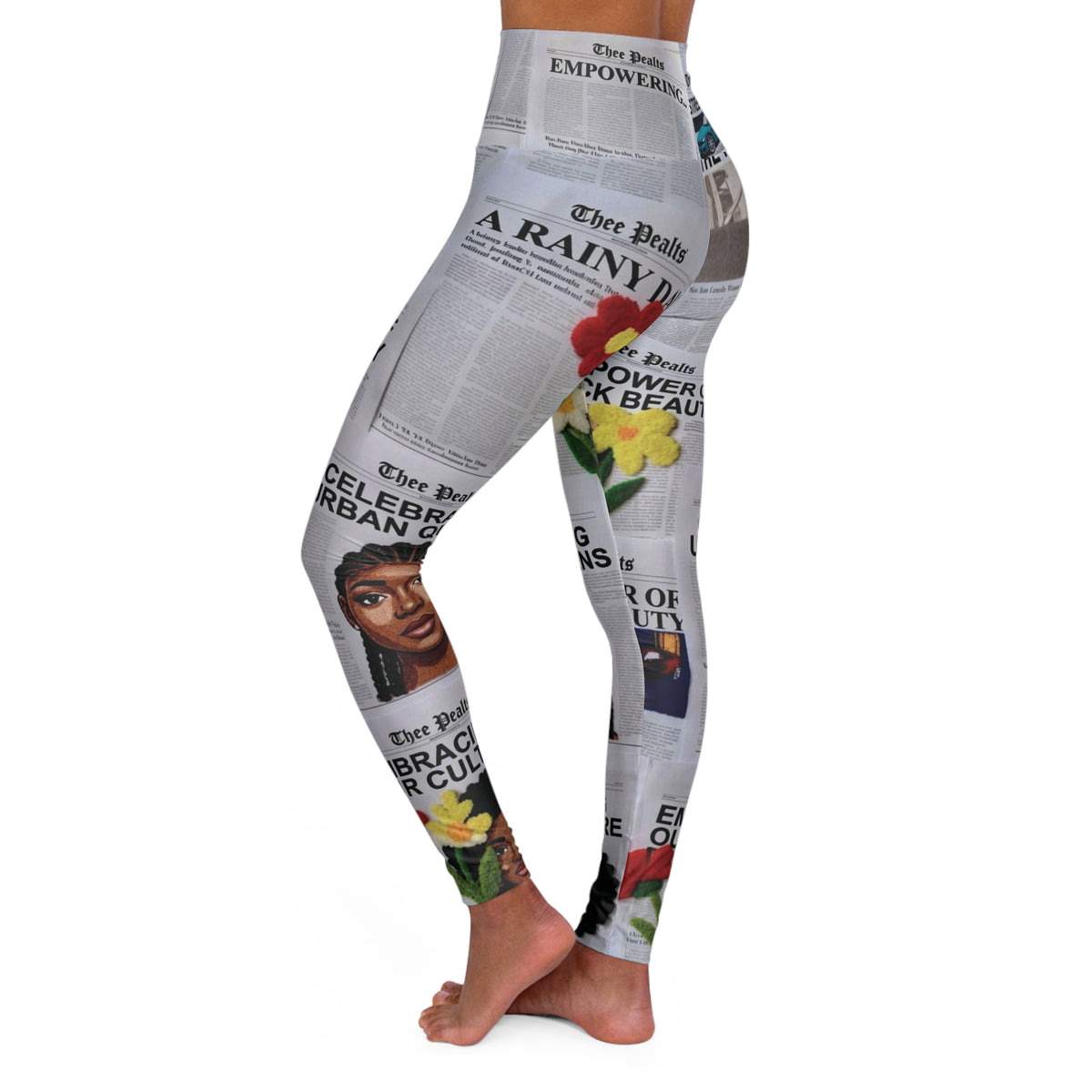 'The Power of Black Beauty' Newspaper Floral AOP - High-Waisted Leggings