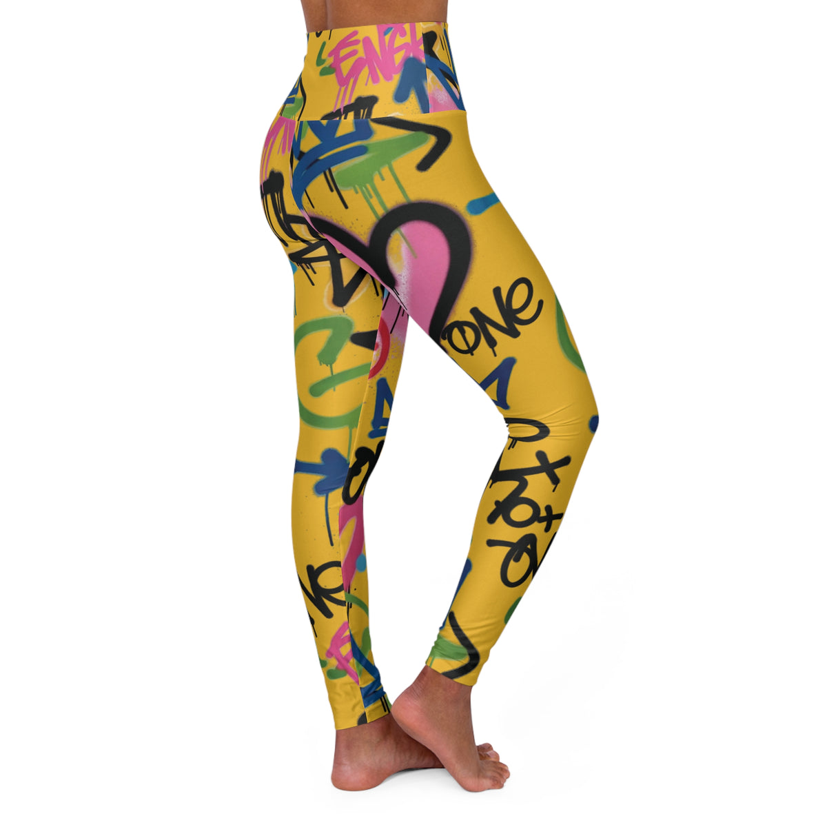 Yellow Graffiti Heart High-Waist Leggings — Colorful Street Art Print