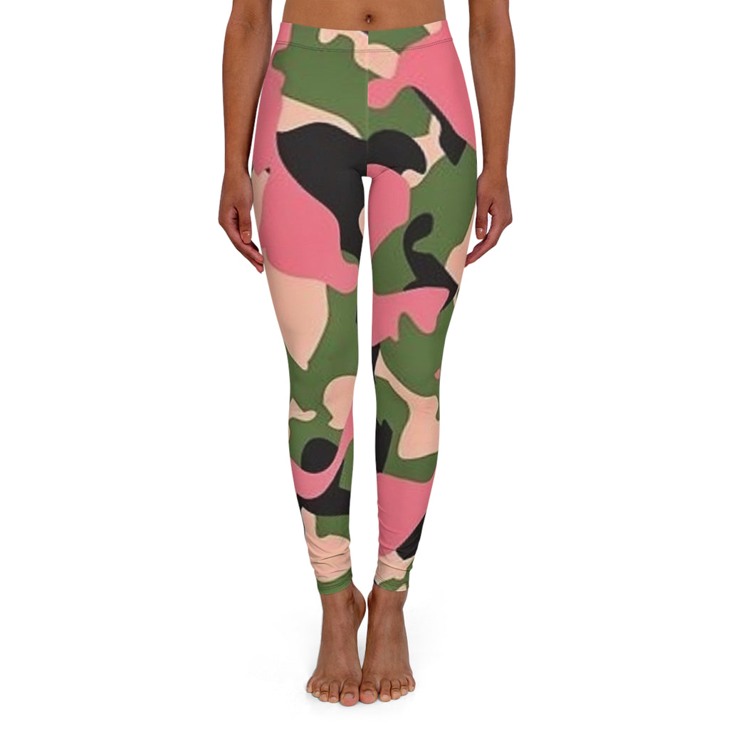 Pink Green Camo Women's Leggings — Stretchy All-Over Print Fitness & Casual Pants