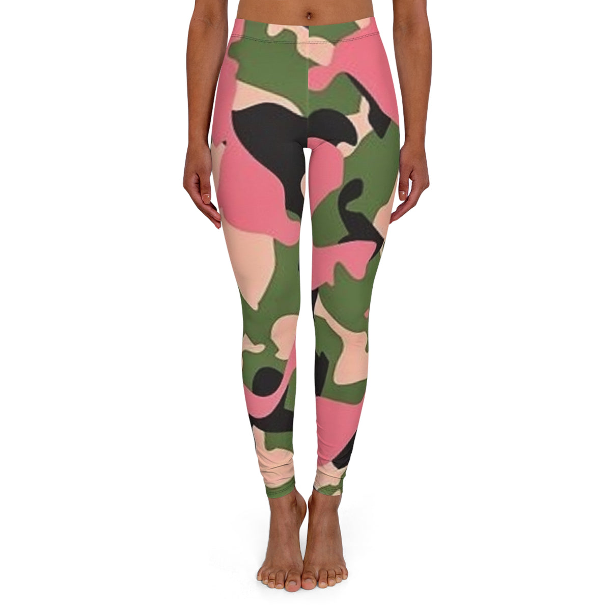 Pink Green Camo Women's Leggings — Stretchy All-Over Print Fitness & Casual Pants