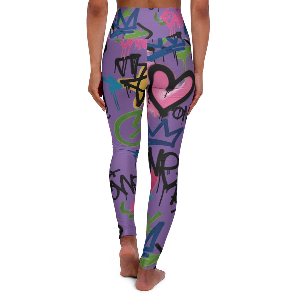 Purple Graffiti Heart High-Waist Leggings — Colorful Street Art Print