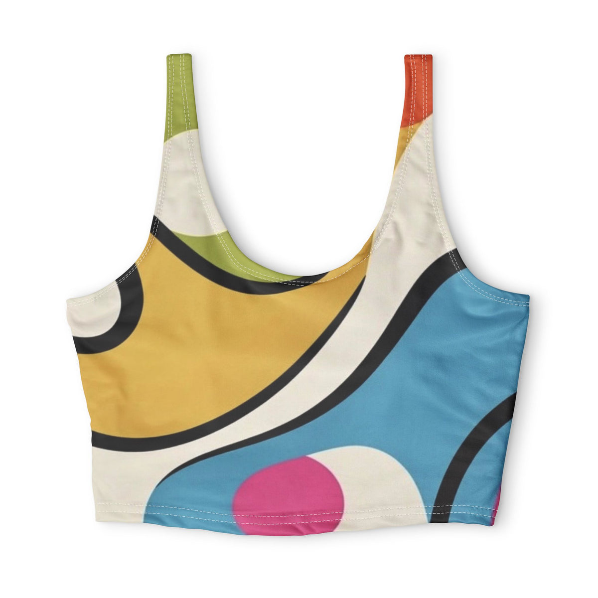 Abstract Color Pop Sports Bra — Retro Swirl All-Over Print