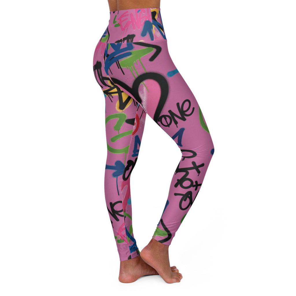Pink Graffiti Heart High-Waist Leggings — Colorful Street Art Print