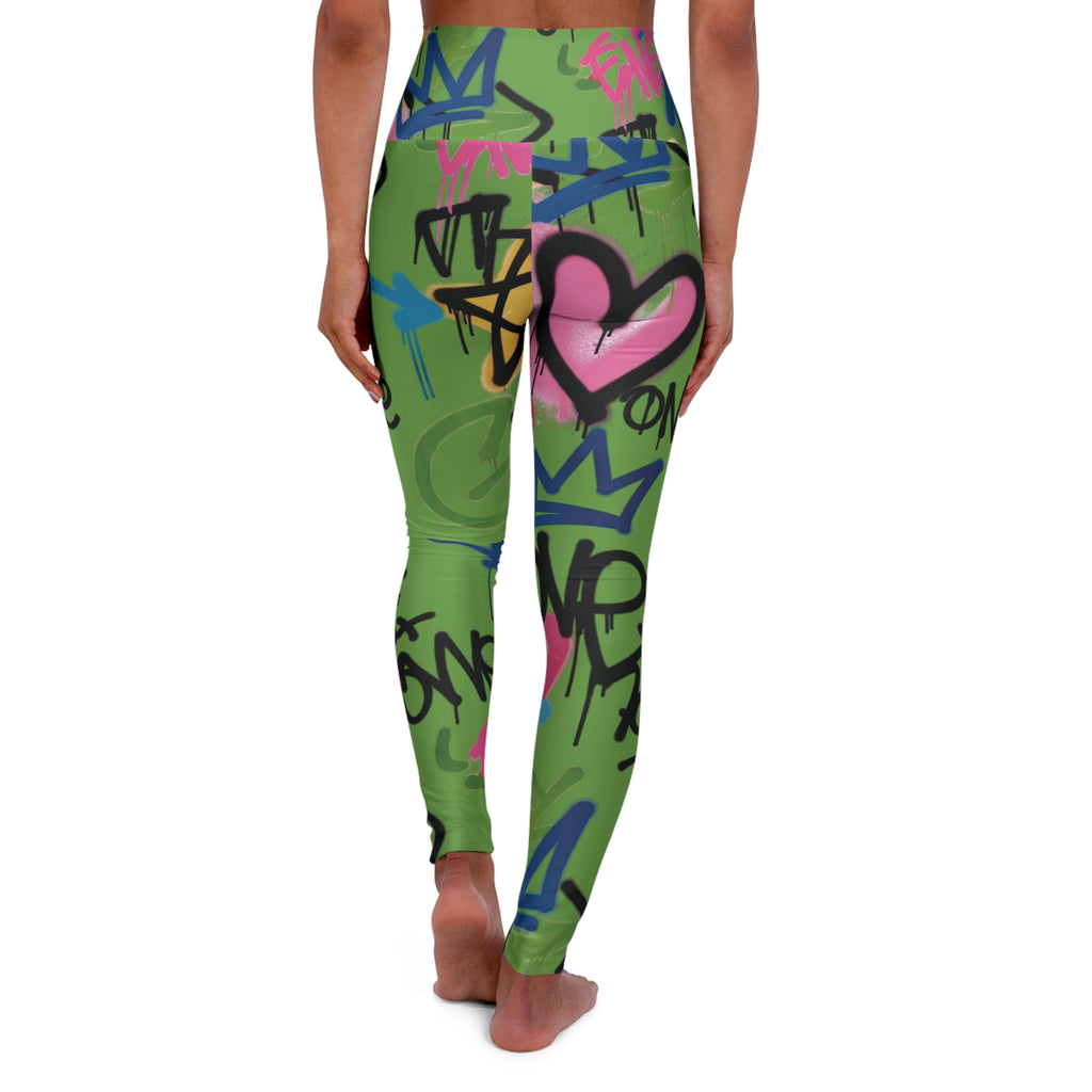 Green Graffiti Heart High-Waist Leggings — Colorful Street Art Print