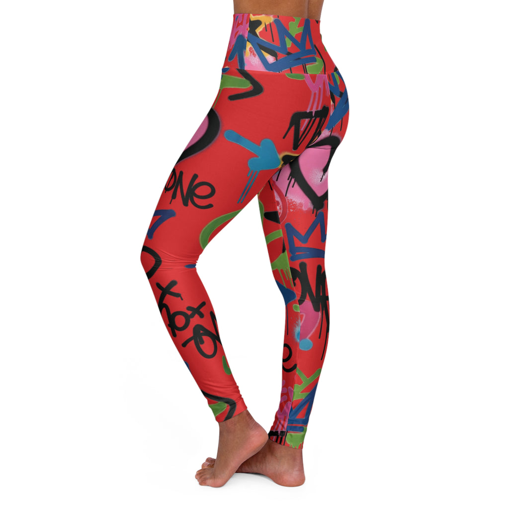 Red Graffiti Heart High-Waist Leggings — Colorful Street Art Print