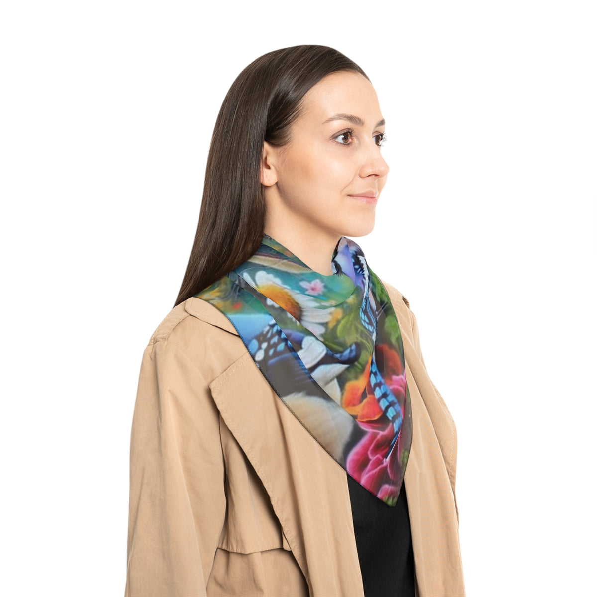”Caution- Hot Chick Inside “ logo Floral Birds & Butterflies — Fashion Silk Wrap Scarf —