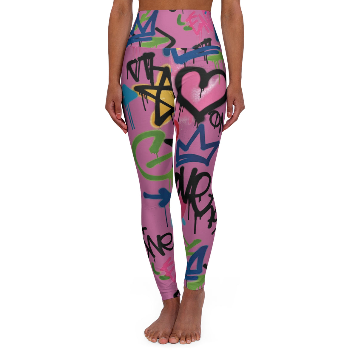 Pink Graffiti Heart High-Waist Leggings — Colorful Street Art Print