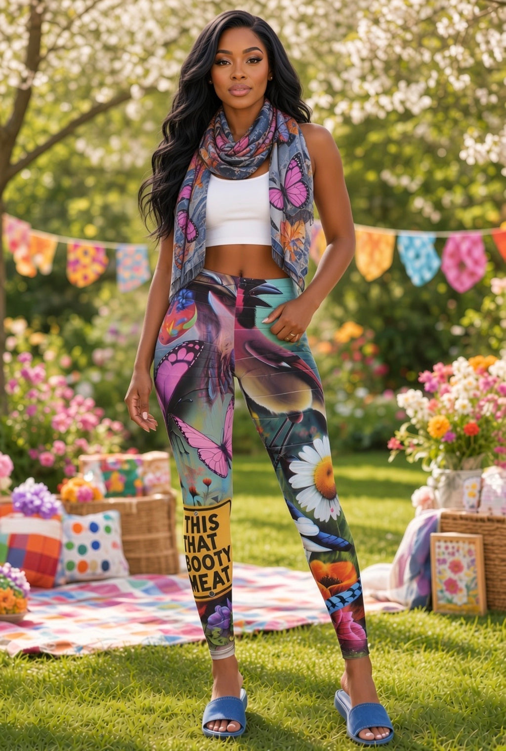 🚨” This That Booty Meat “⚠️Special Edition Caption ⚠️ Butterfly Garden Leggings — Colorful Floral & Wildlife All-Over Print