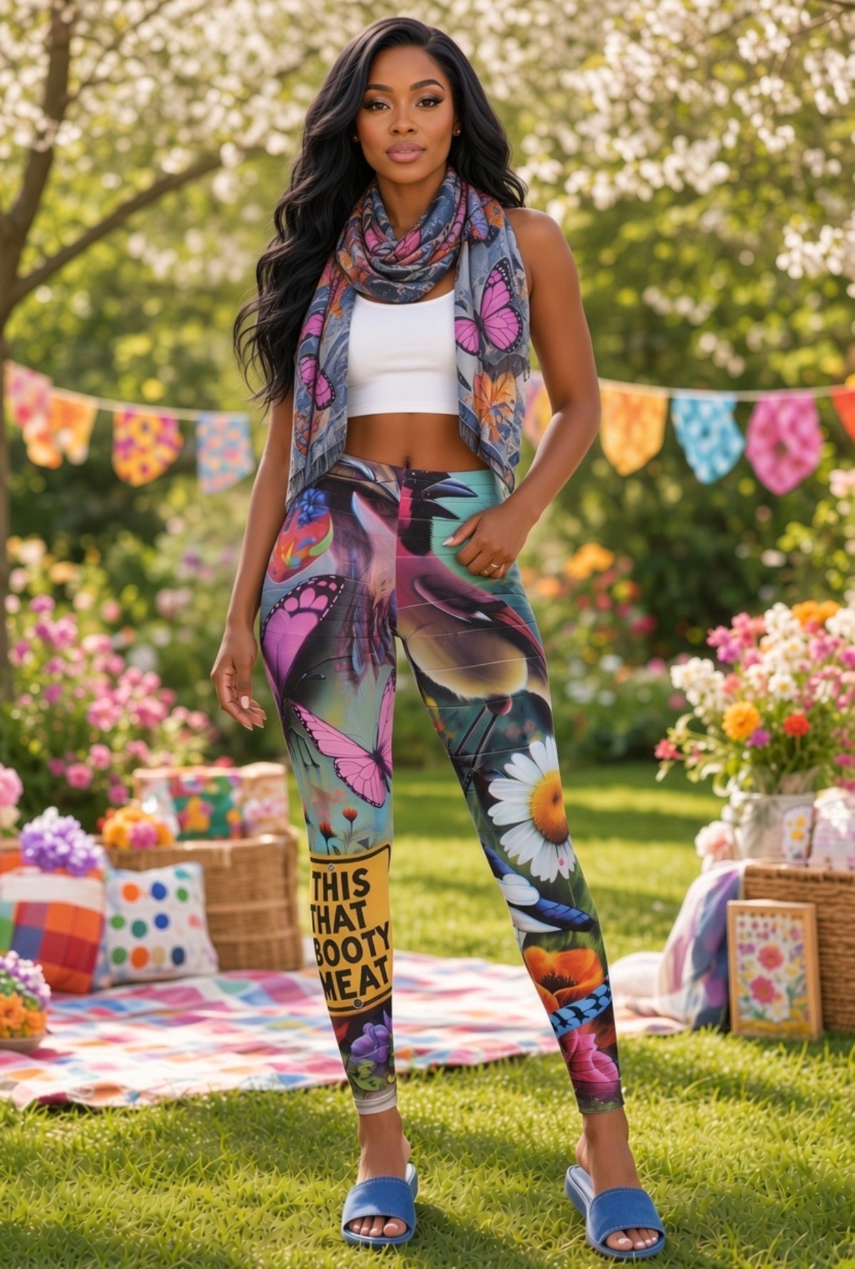 🚨” This That Booty Meat “⚠️Special Edition Caption ⚠️ Butterfly Garden Leggings — Colorful Floral & Wildlife All-Over Print