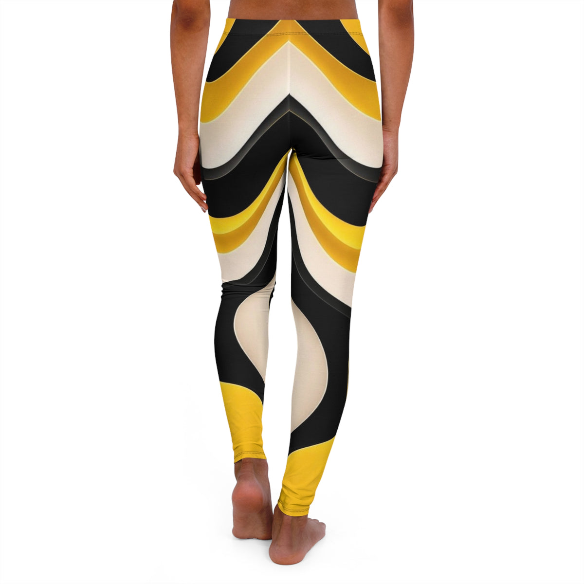 Black, Cream & Yellow Modern Chevron Wave Leggings —Women’s Casual Spandex All-Over Print