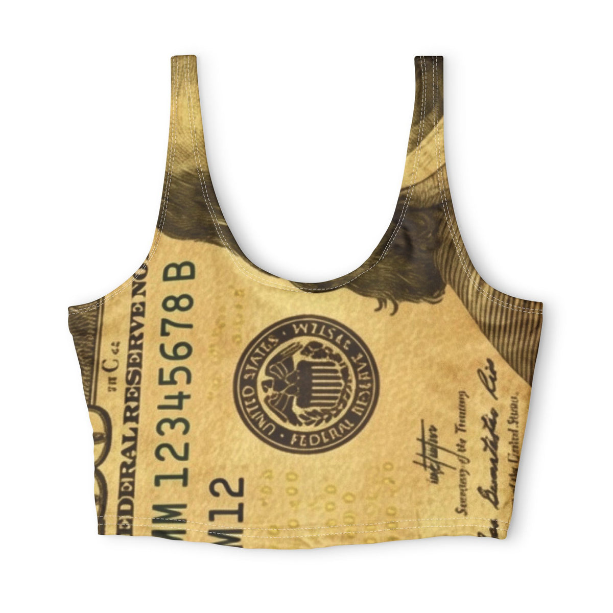 Money Print Sports Bra – Vintage Currency All-Over-Print Activewear
