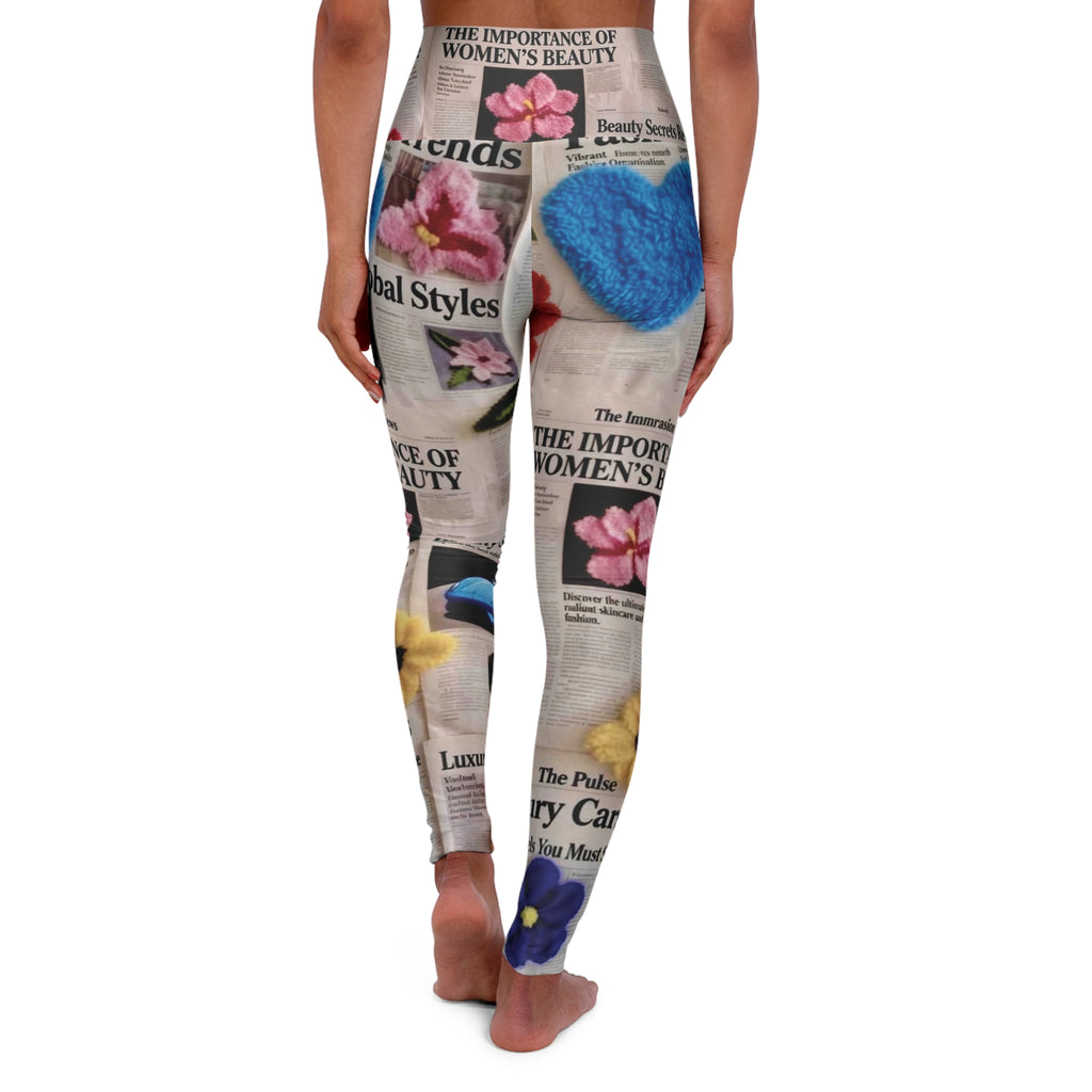 “ Culture Vulture “ Newspaper Collage High-Waist Yoga Leggings — Floral & Vintage Print