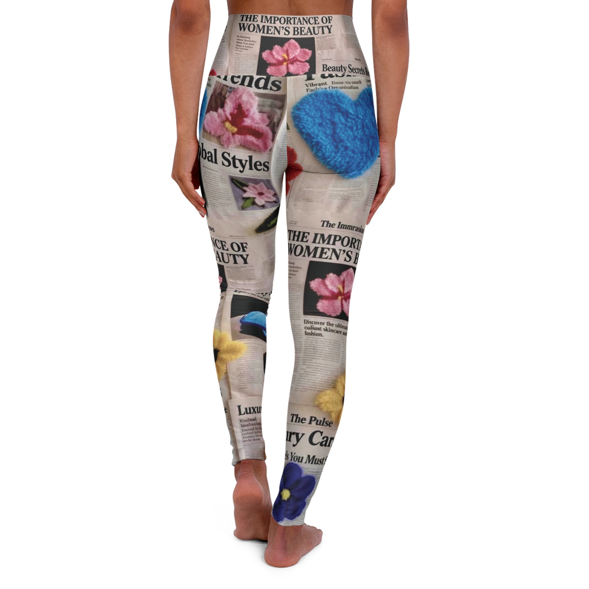 “ Culture Vulture “ Newspaper Collage High-Waist Yoga Leggings — Floral & Vintage Print