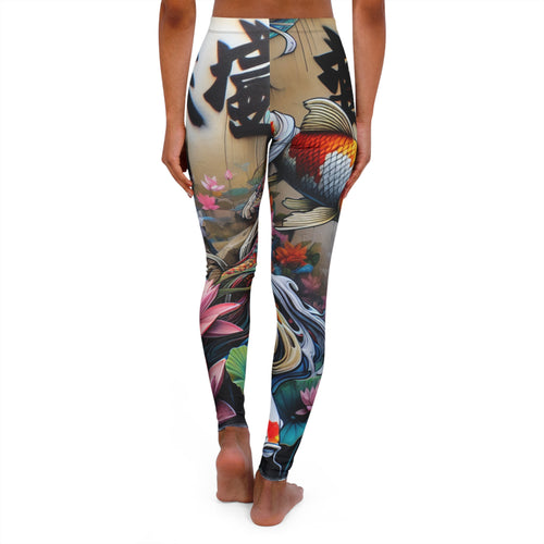Koi Lotus Yoga Leggings — Asian Calligraphy Floral All-Over Print