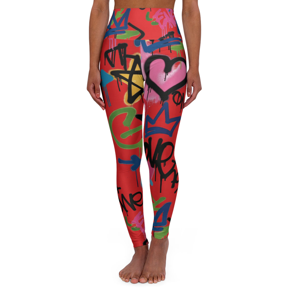 Red Graffiti Heart High-Waist Leggings — Colorful Street Art Print