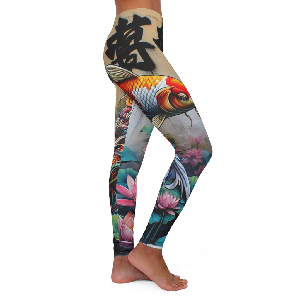 Koi Lotus Yoga Leggings — Asian Calligraphy Floral All-Over Print