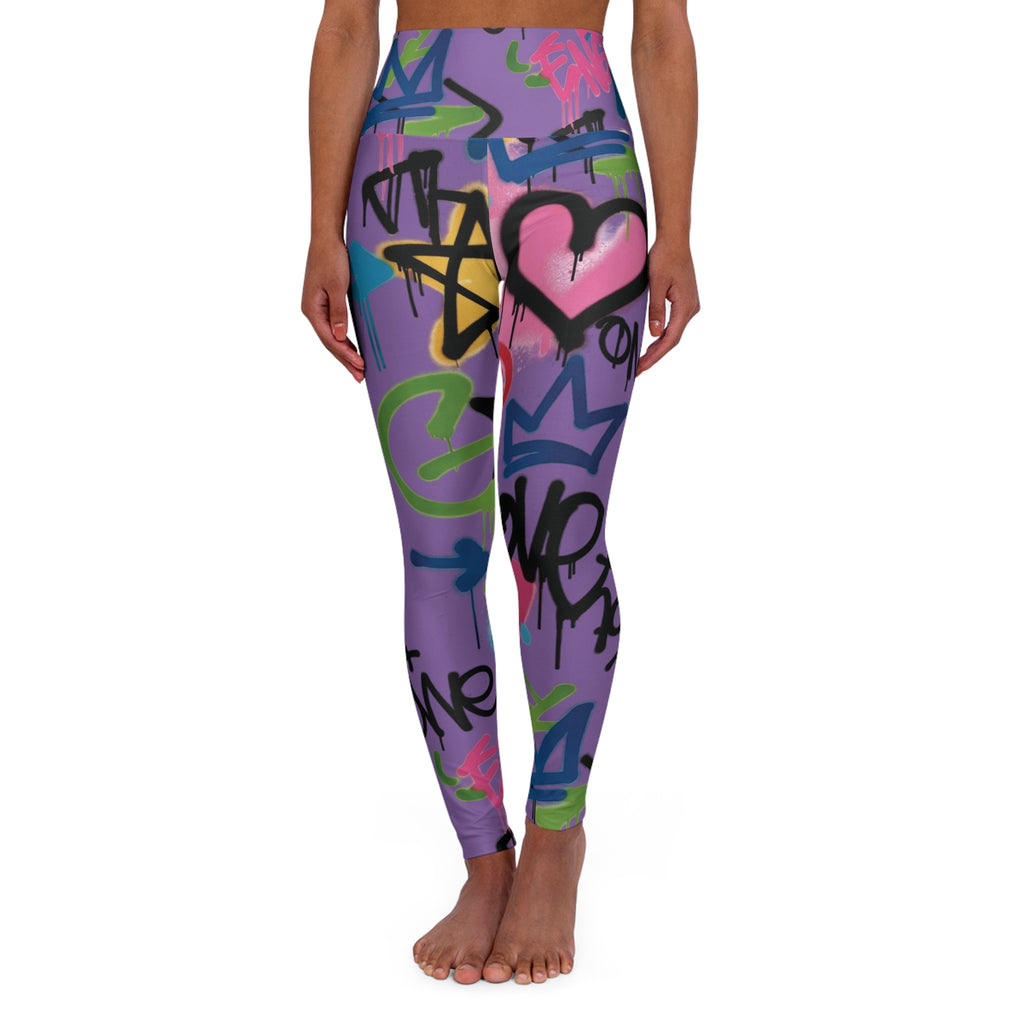Purple Graffiti Heart High-Waist Leggings — Colorful Street Art Print