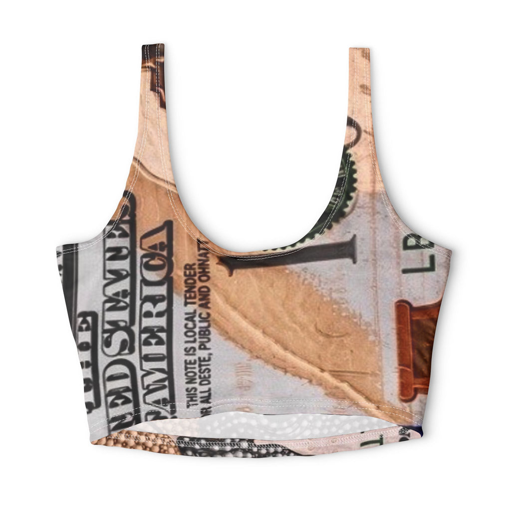 Currency Print Sports Bra — All-Over-Print Athletic Crop Top