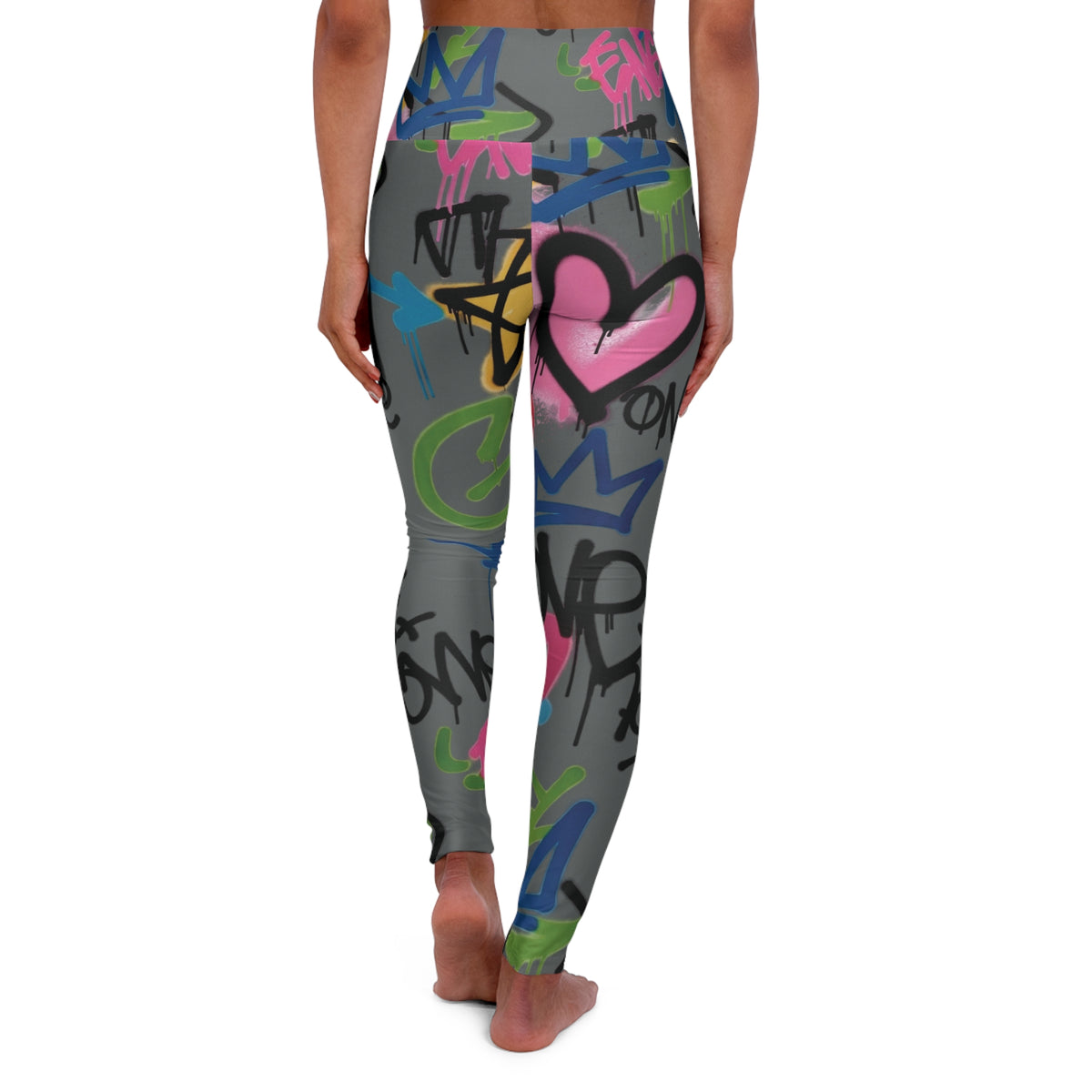 Dark Grey Graffiti Heart High-Waist Leggings — Colorful Street Art Print