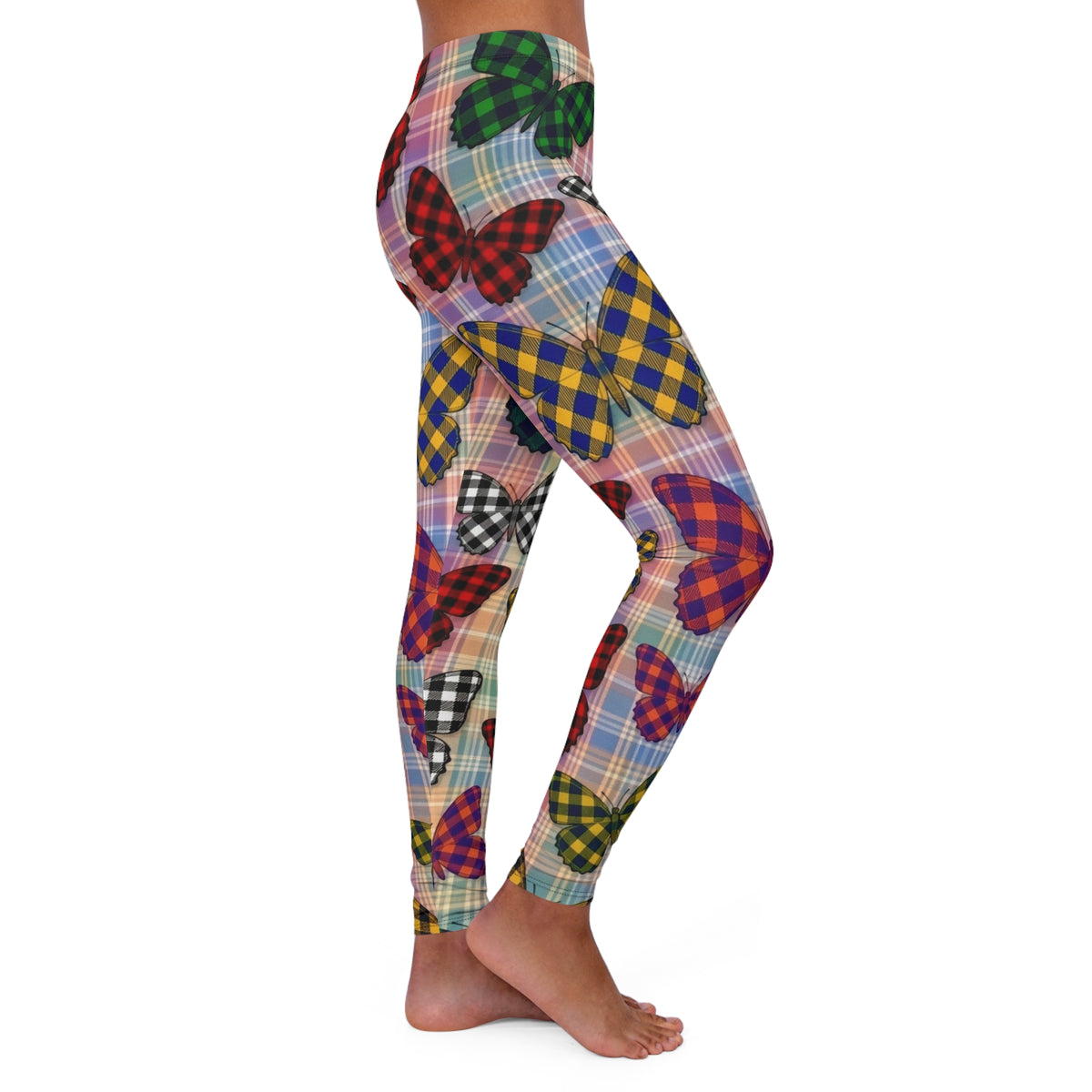 Butterfly Plaid Leggings — Colorful Checkered Butterfly Print Women's Leggings