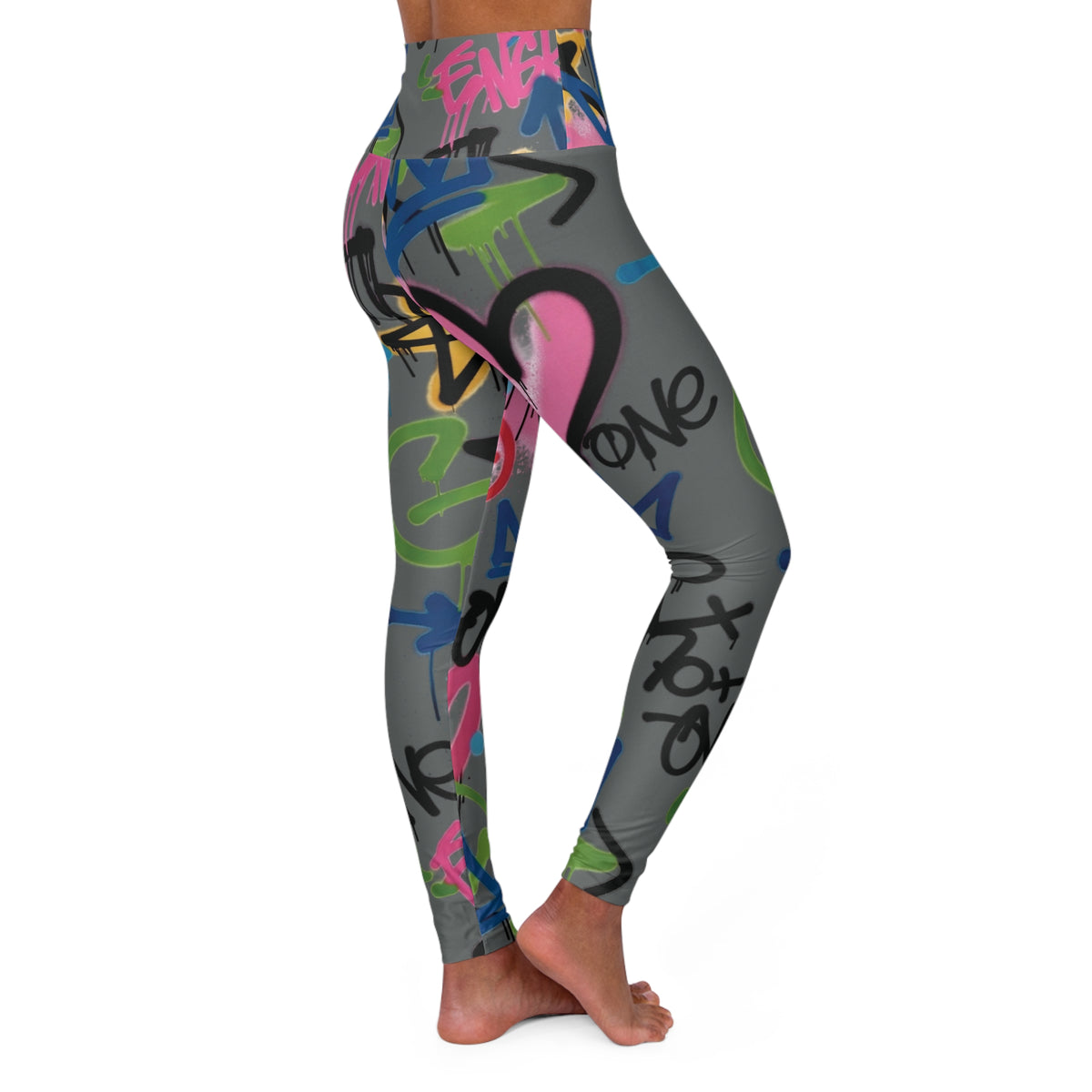 Dark Grey Graffiti Heart High-Waist Leggings — Colorful Street Art Print