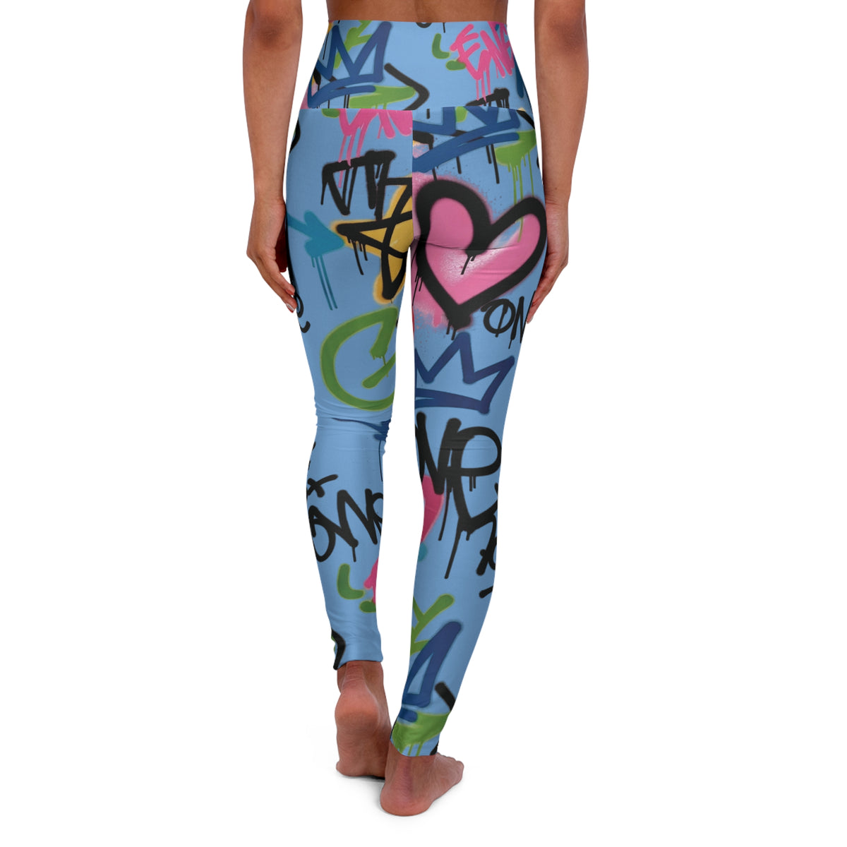 Light Blue Graffiti Heart High-Waist Leggings — Colorful Street Art Print