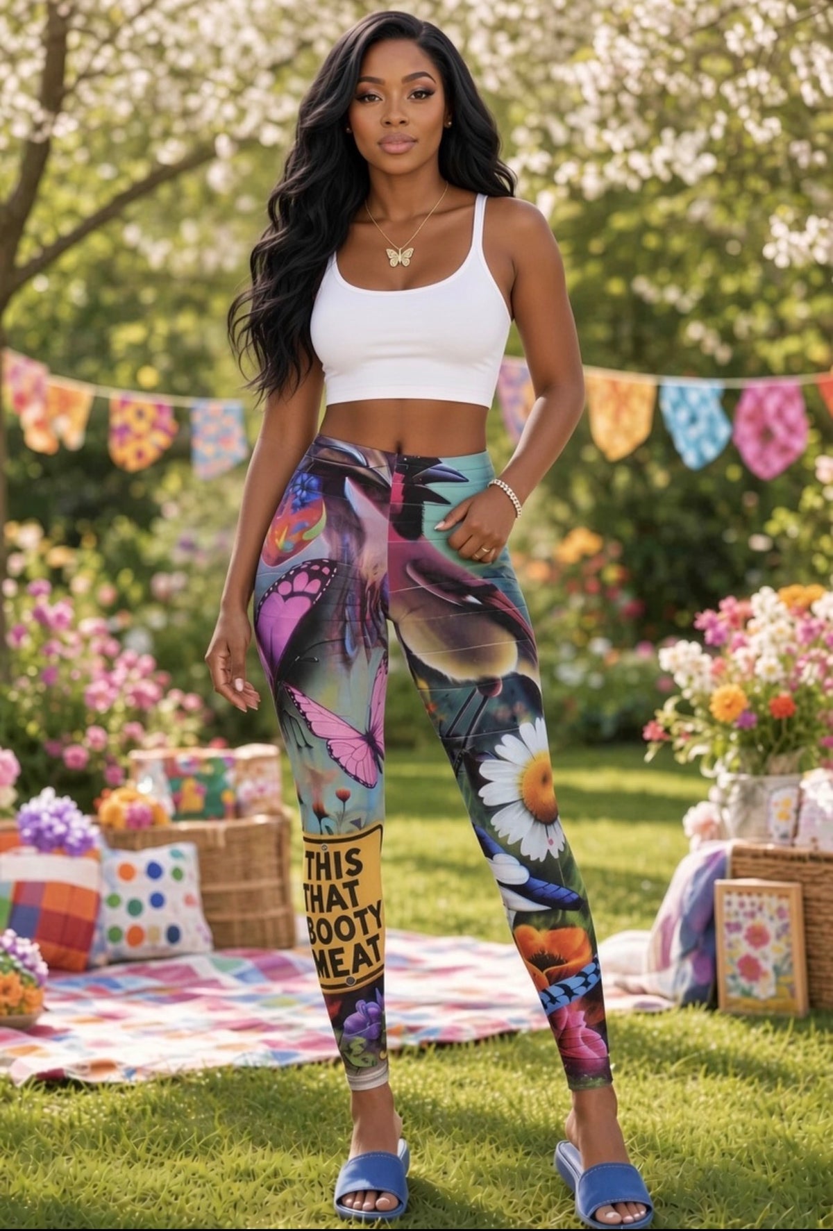 🚨” This That Booty Meat “⚠️Special Edition Caption ⚠️ Butterfly Garden Leggings — Colorful Floral & Wildlife All-Over Print