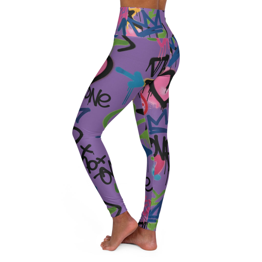 Purple Graffiti Heart High-Waist Leggings — Colorful Street Art Print